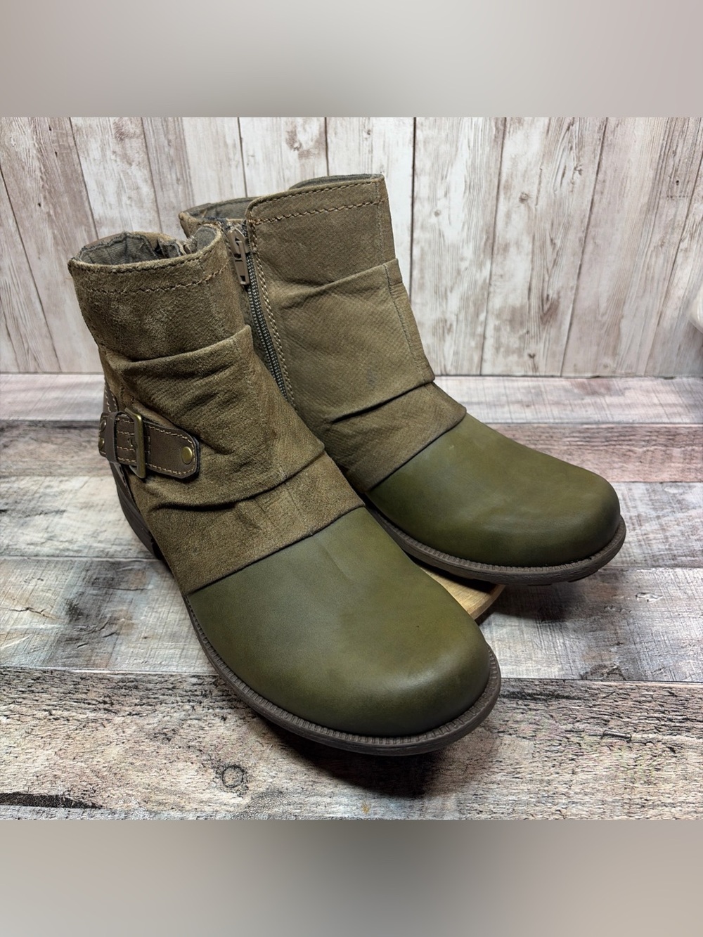 Earth Origins Phoenix Women’s Moto Olive Green Taupe Ankle Boots Size 10 M